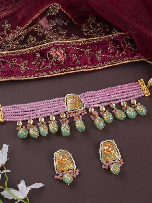 Ishhaara Pink And Green Kundan Studded And Beaded Jewellery Set