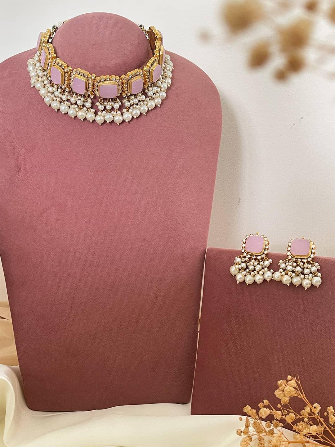 Ishhaara Pink Antique Gold Choker Necklace With Pearl Beads