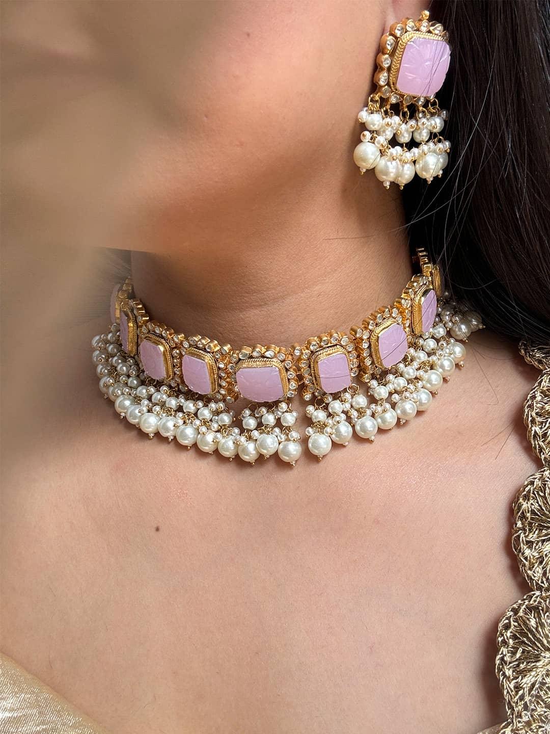 Ishhaara Pink Antique Gold Choker Necklace With Pearl Beads