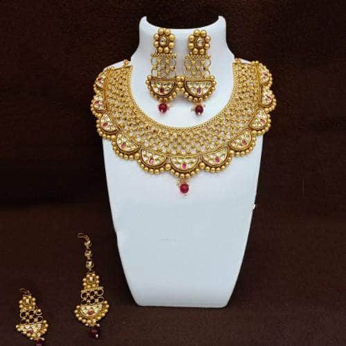 Ishhaara Pink Antique Gold Semi Circular Kundan Necklace Earring And Teeka Set