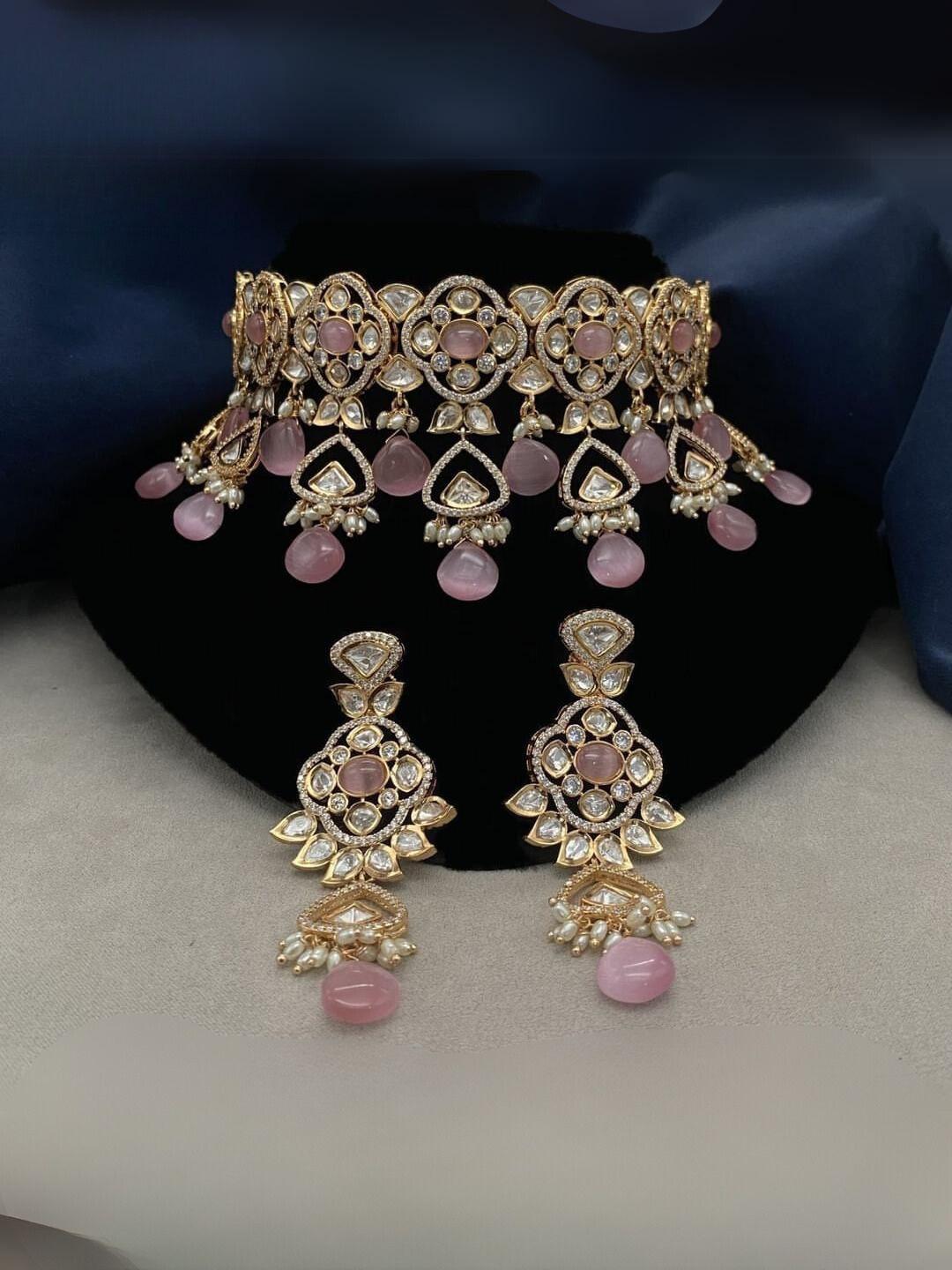 Ishhaara Pink Baby Quartz Beads Kundan Polki Choker Necklace