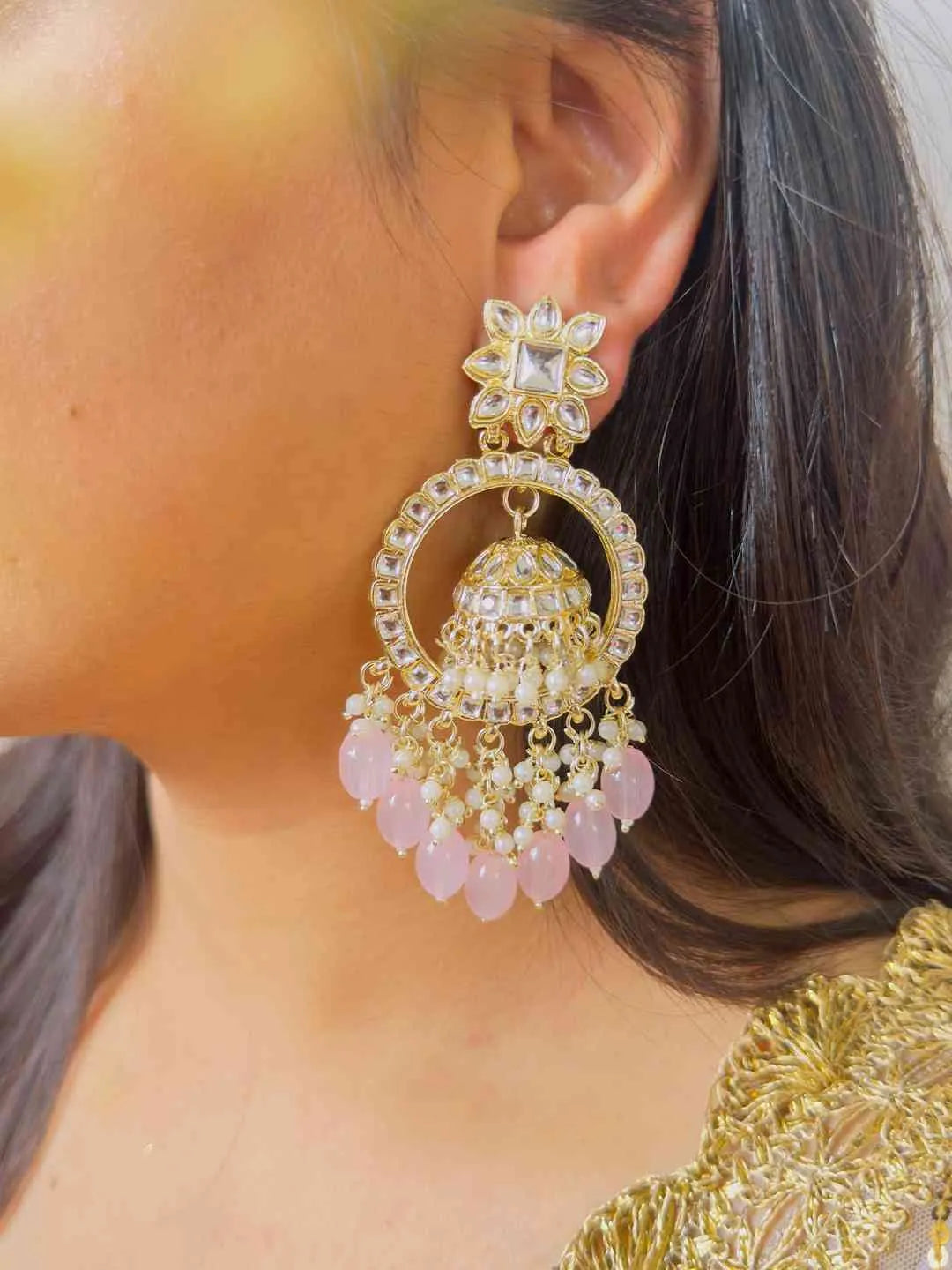 Ishhaara Pink Bead Tassel Jhumka Drop Earrings