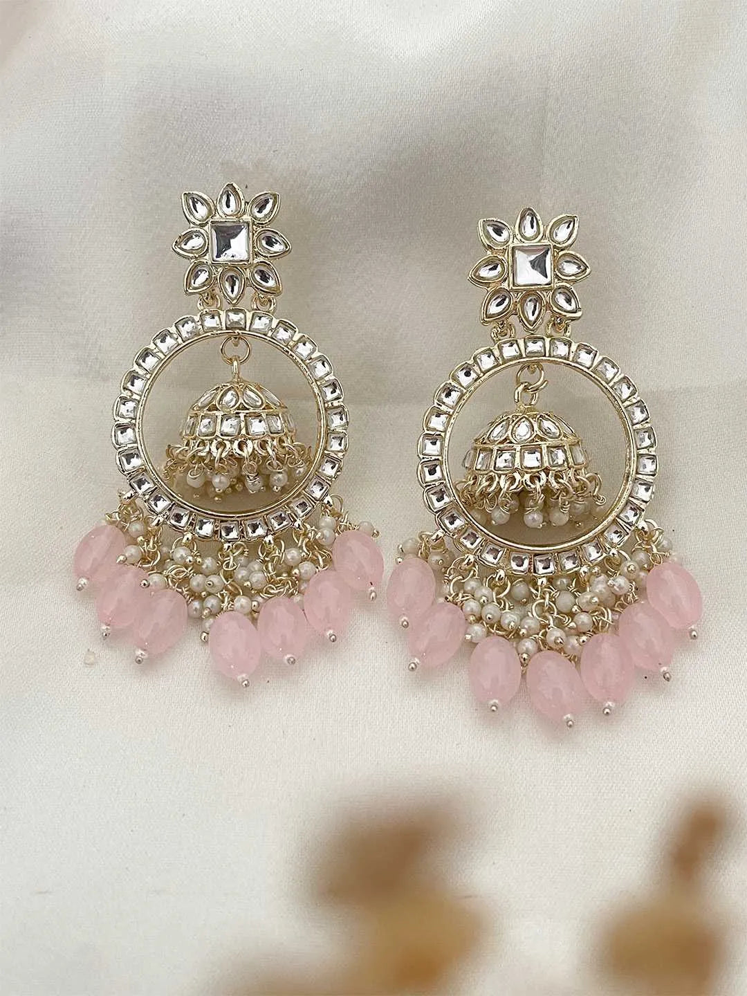 Ishhaara Pink Bead Tassel Jhumka Drop Earrings