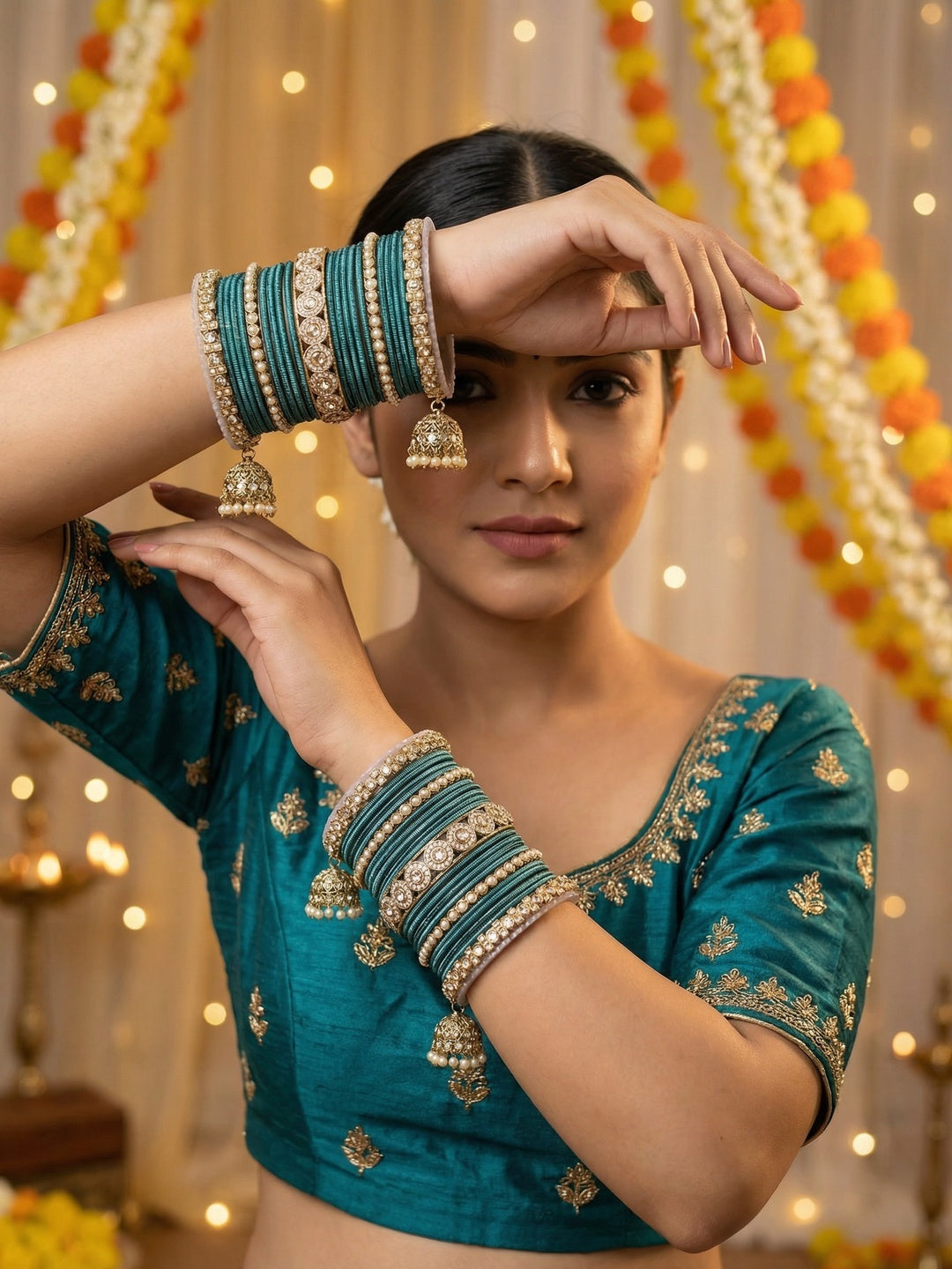 Ishhaara Pink Beaded Ethnic Bangle Set - A woman wearing a white top and pink beaded bangles - view 19