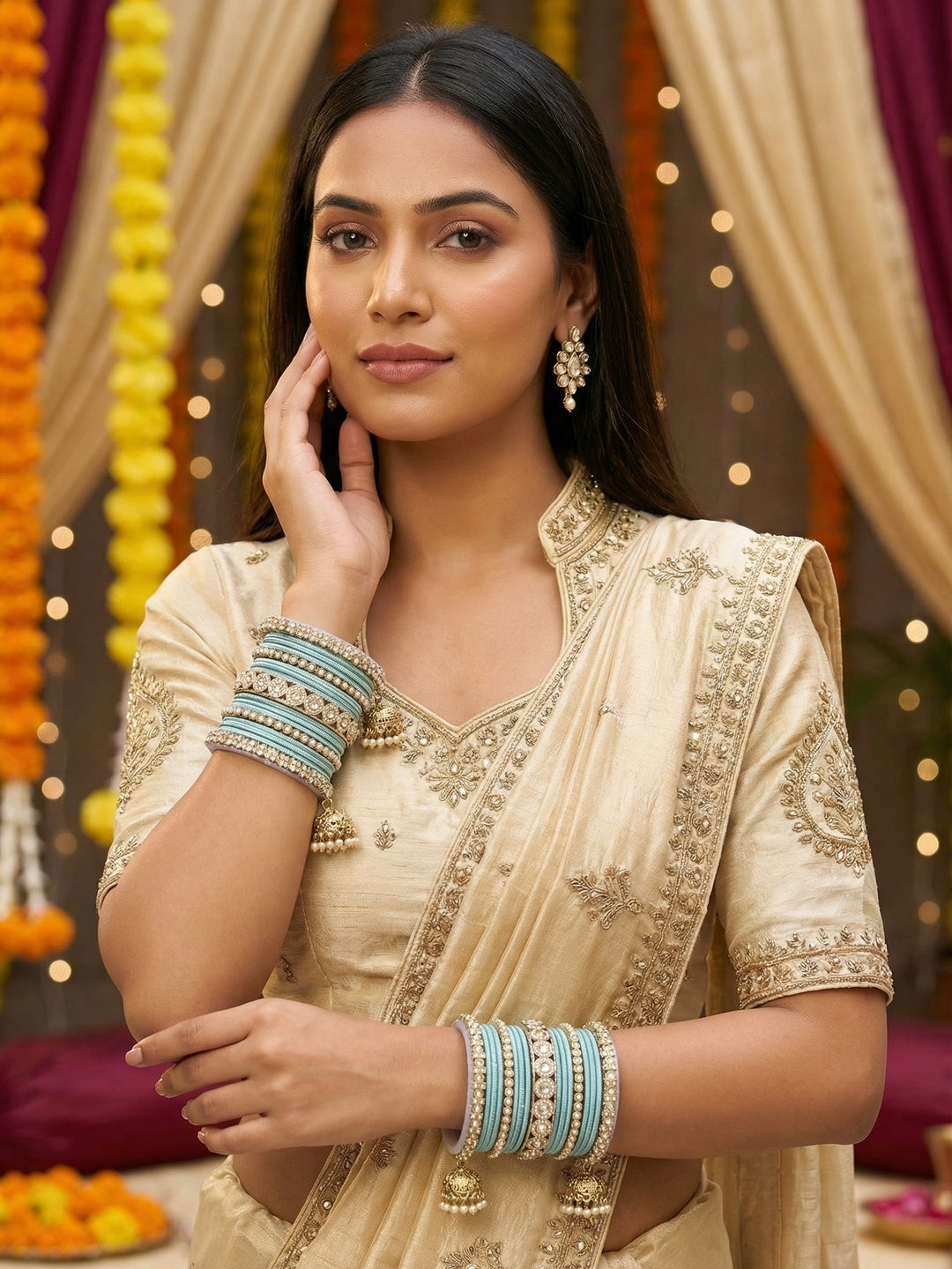 Ishhaara Pink Beaded Ethnic Bangle Set - A woman wearing a white top and pink beaded bangles - view 20