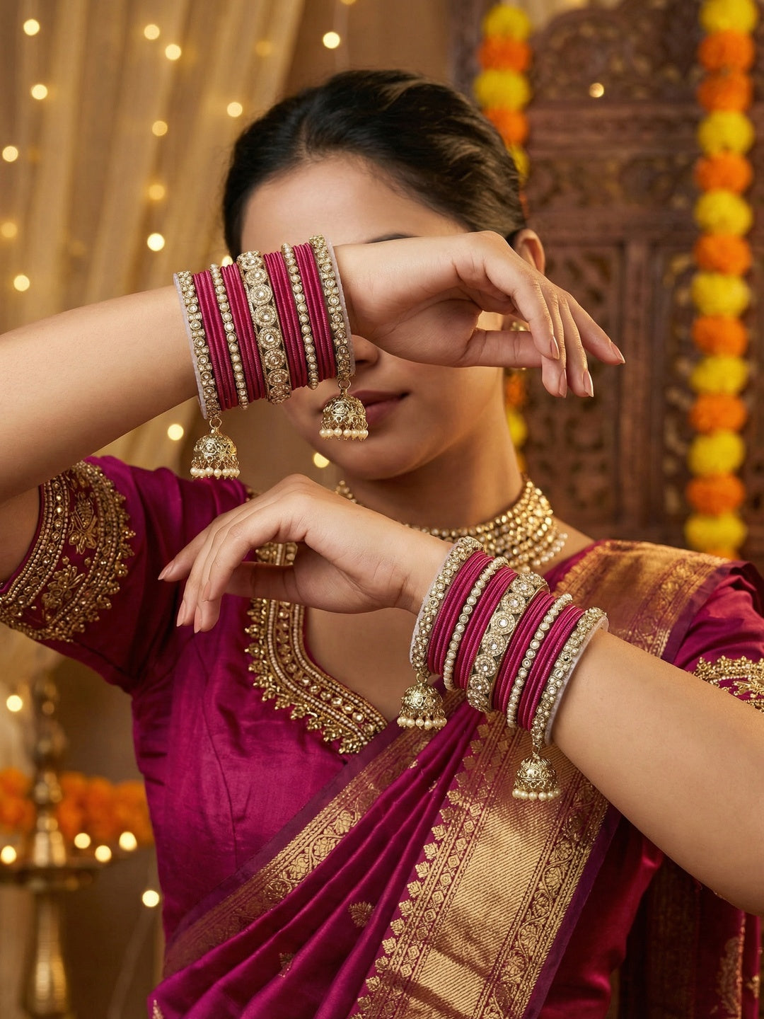 Ishhaara Pink Beaded Ethnic Bangle Set - A woman wearing a white top and pink beaded bangles - view 30