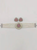 Ishhaara Pink Beaded Jewellery Set With Ad Stones