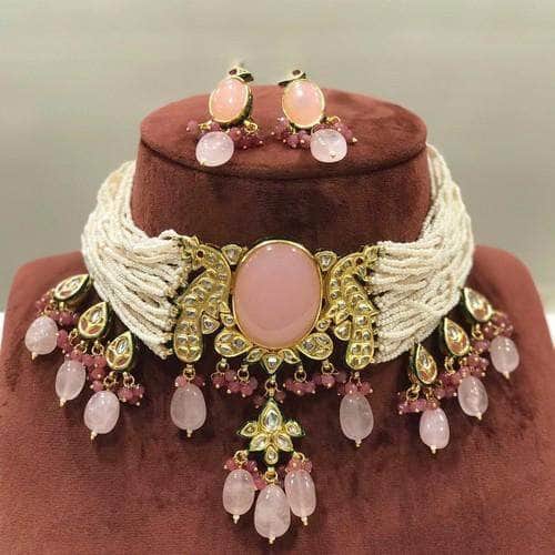 Ishhaara Pink Big Centre Stone Pearls Choker