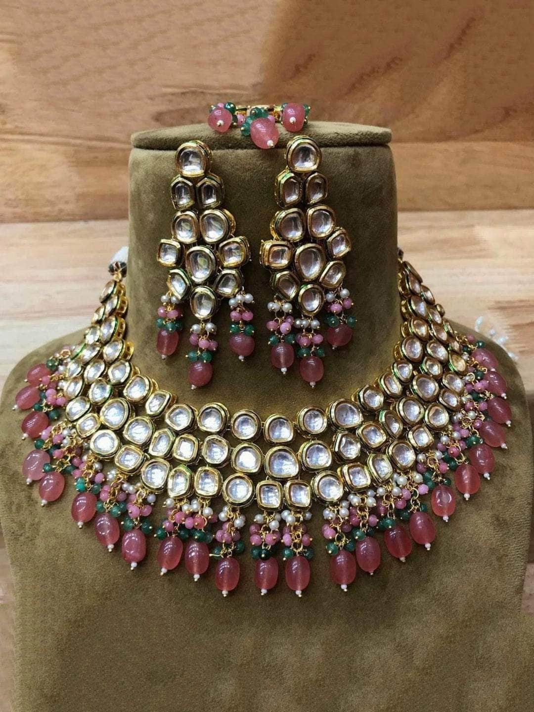 Ishhaara Pink Big Flower Kundan Moti Necklace