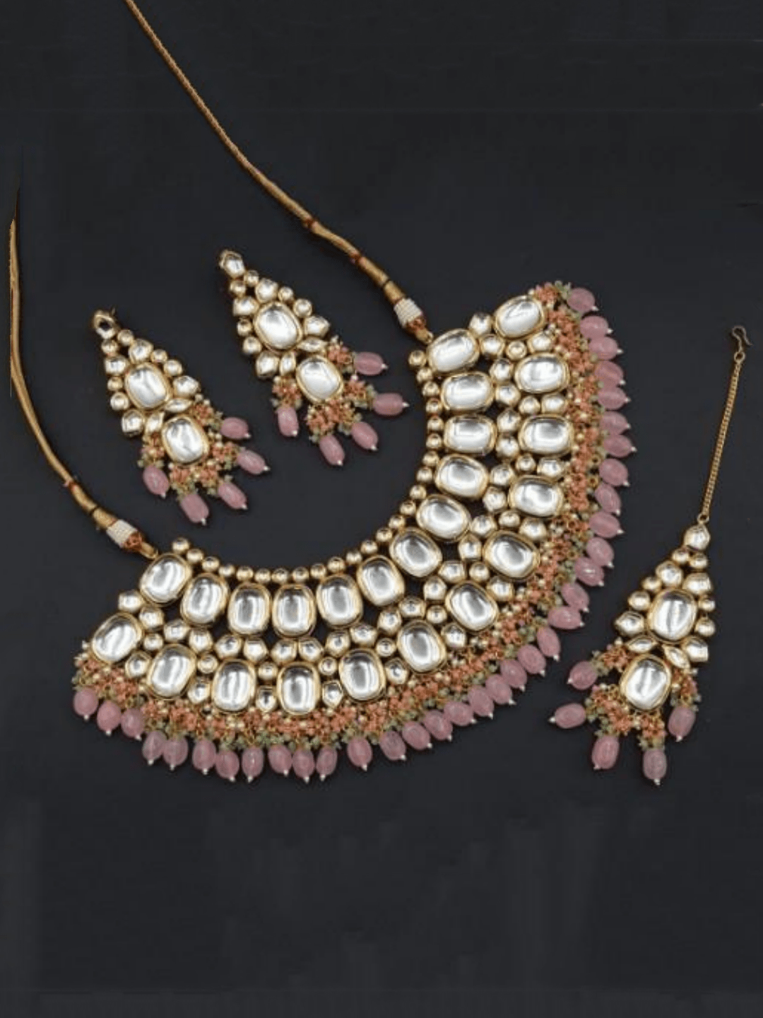 Ishhaara Pink Big Kundan Broad Necklace Set