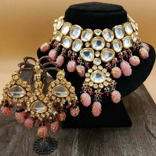 Ishhaara Pink Big Kundan Drop Pendant Necklace Set
