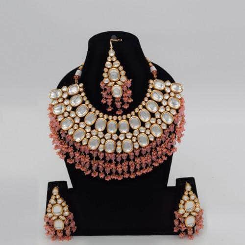 Ishhaara Pink Big Kundan Semi Circular Necklace Earring And Teeka Set