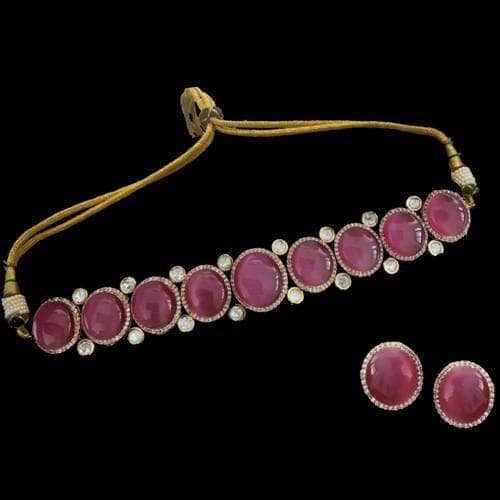 Ishhaara Pink Big Stone AD Choker Necklace Set