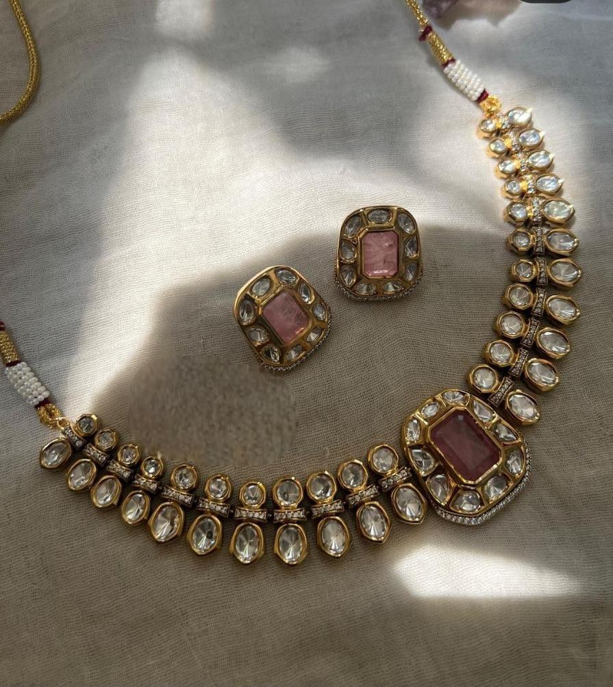 Ishhaara Pink Black Rhodium Finish Green Kundan Polki Choker Necklace Set