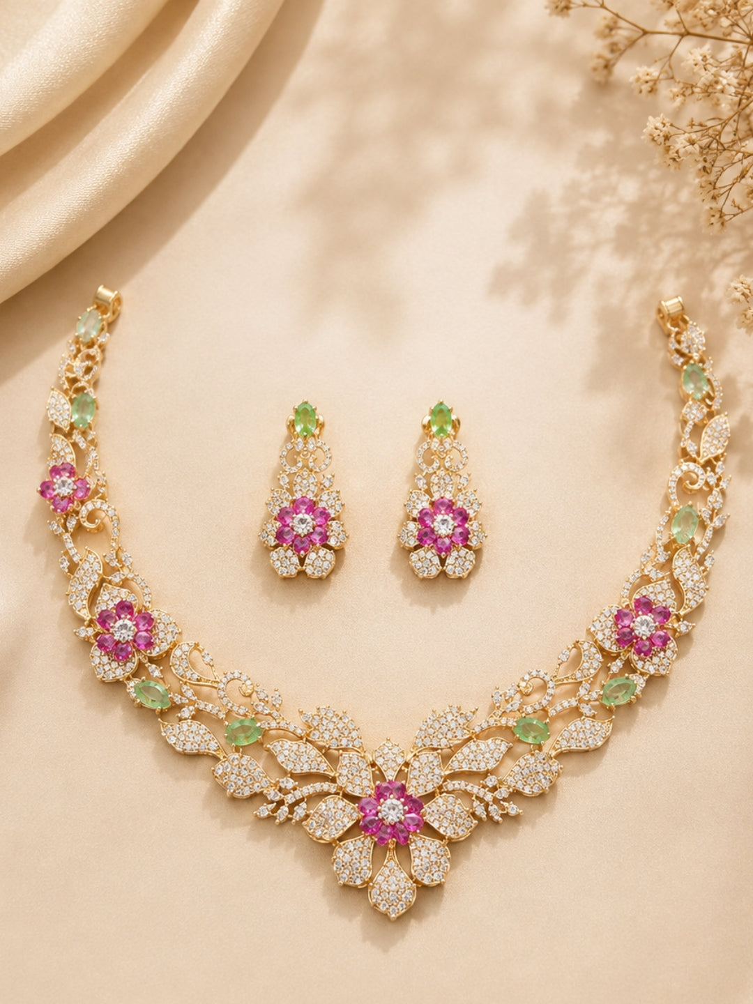 Ishhaara Pink Blossom Choker Necklace Set