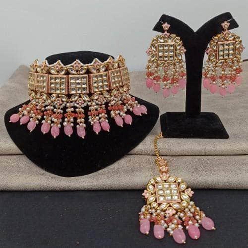 Ishhaara Pink Bridal Square Kundan Choker Earring And Teeka Set