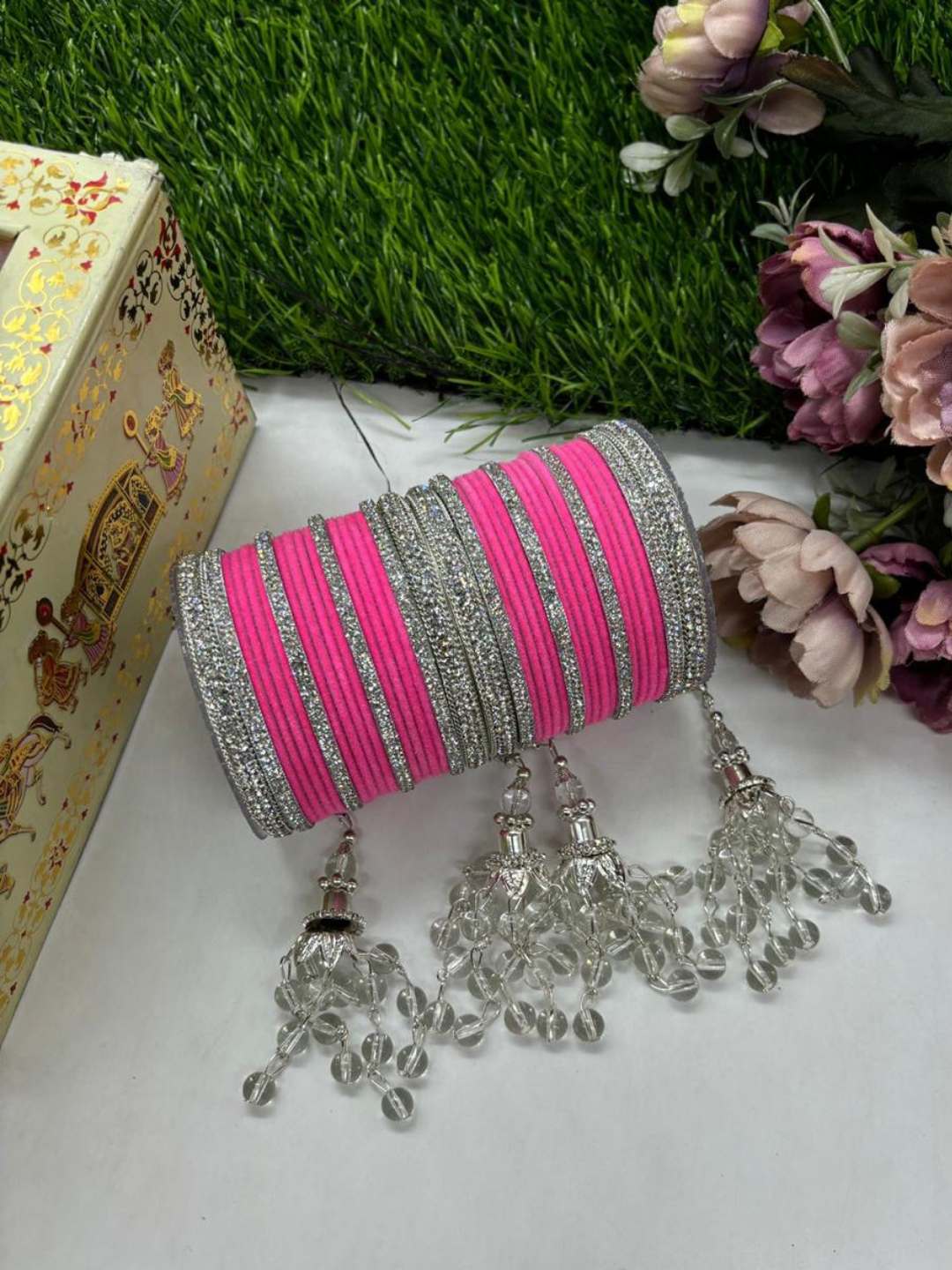 Ishhaara Pink Bridal Velvet Metal Bangles