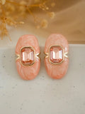 Ishhaara Pink Carved Natural Coral Oval Earrings