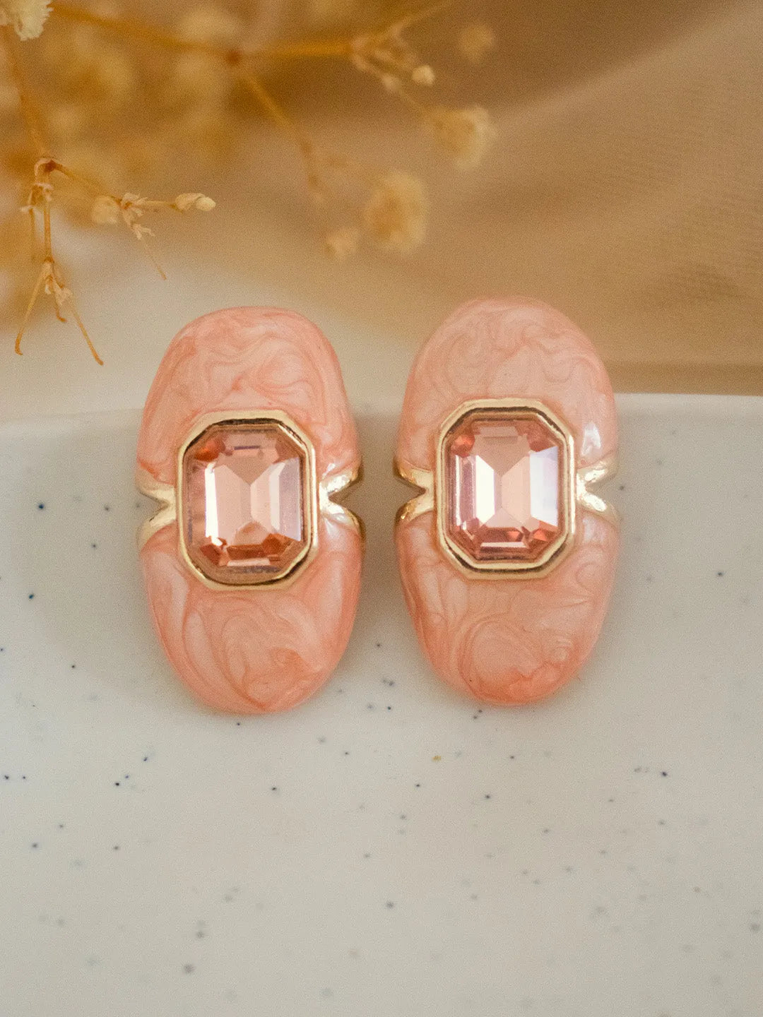 Ishhaara Pink Carved Natural Coral Oval Earrings