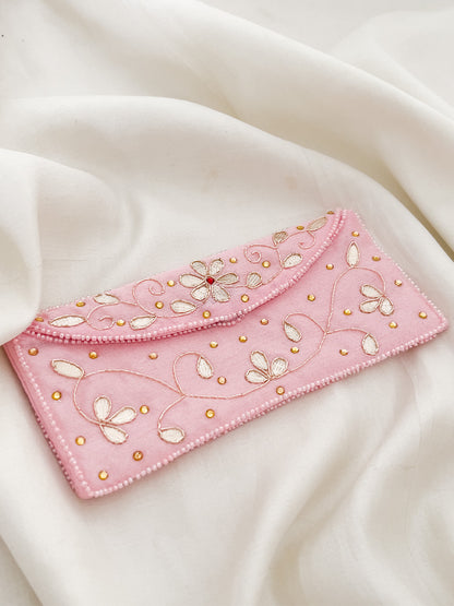 Ishhaara Pink Colored Floral Embroided Envelope Clutches