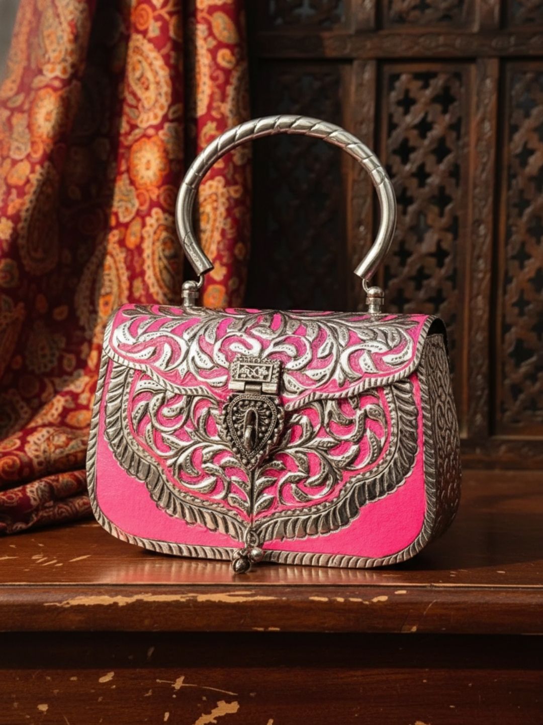 Ishhaara Pink Colored German Silver Handmade Handbag