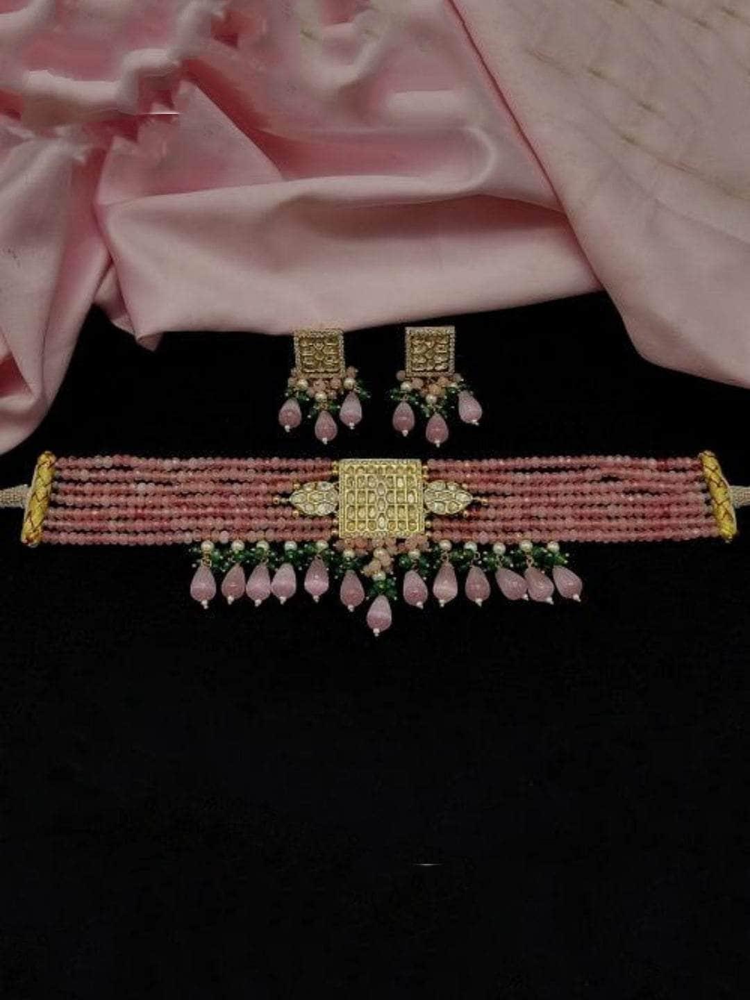 Ishhaara Pink Crystal Beaded Choker Necklace Set