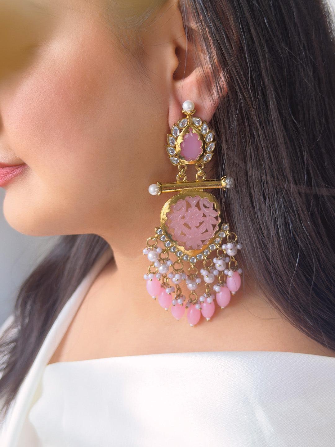 Ishhaara Pink Cutwork Chandbali Earrings