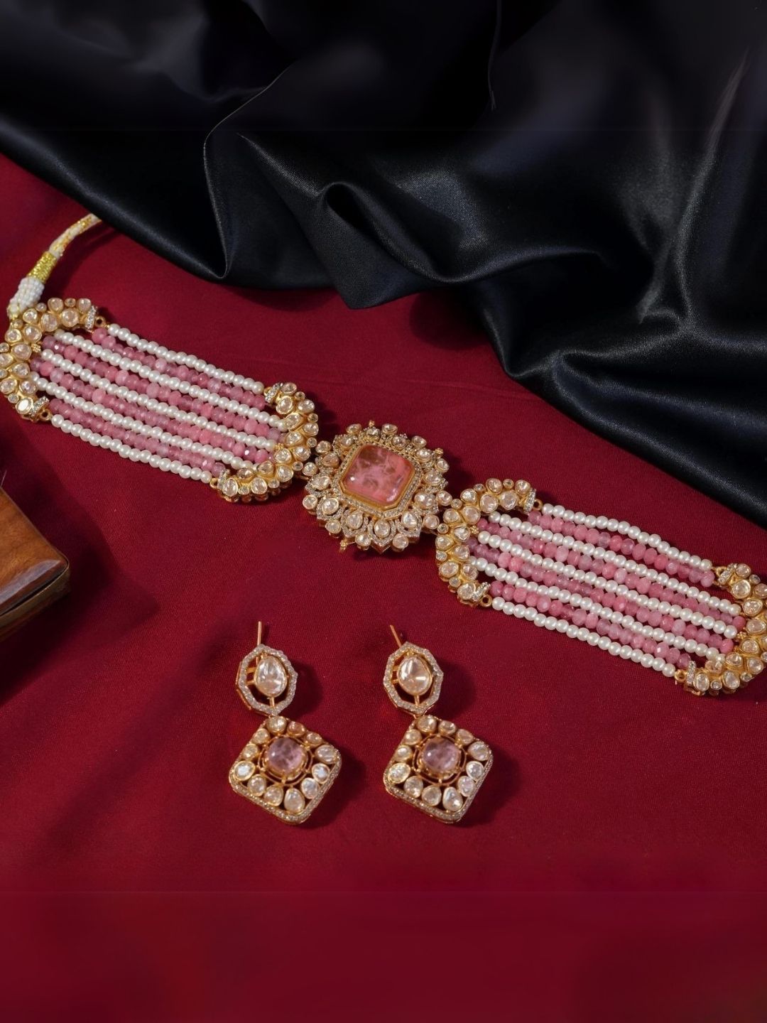 Ishhaara Pink Cz Square Shaped Mint Green Choker Necklace Set