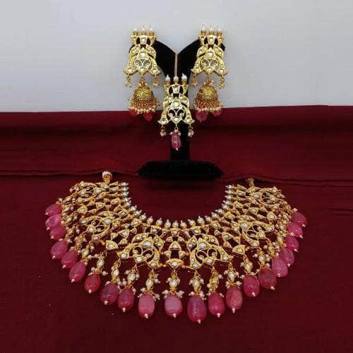 Ishhaara Pink Design Jadau Choker Earring And Teeka Set