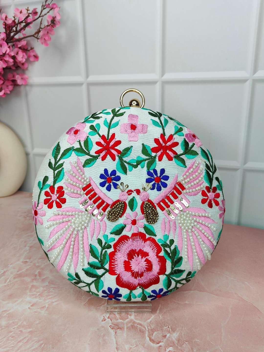 Ishhaara Pink Designer Embroidered Round Clutch