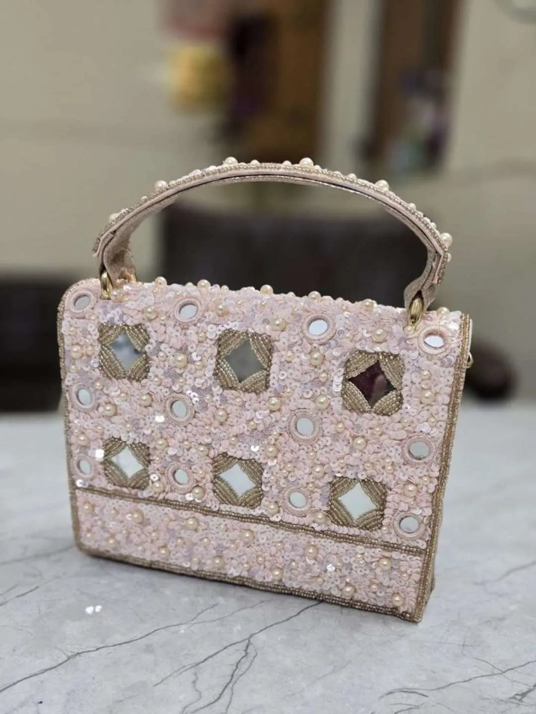 Ishhaara Pink Designer Mirror Flap Clutch Bag In High Quality Work