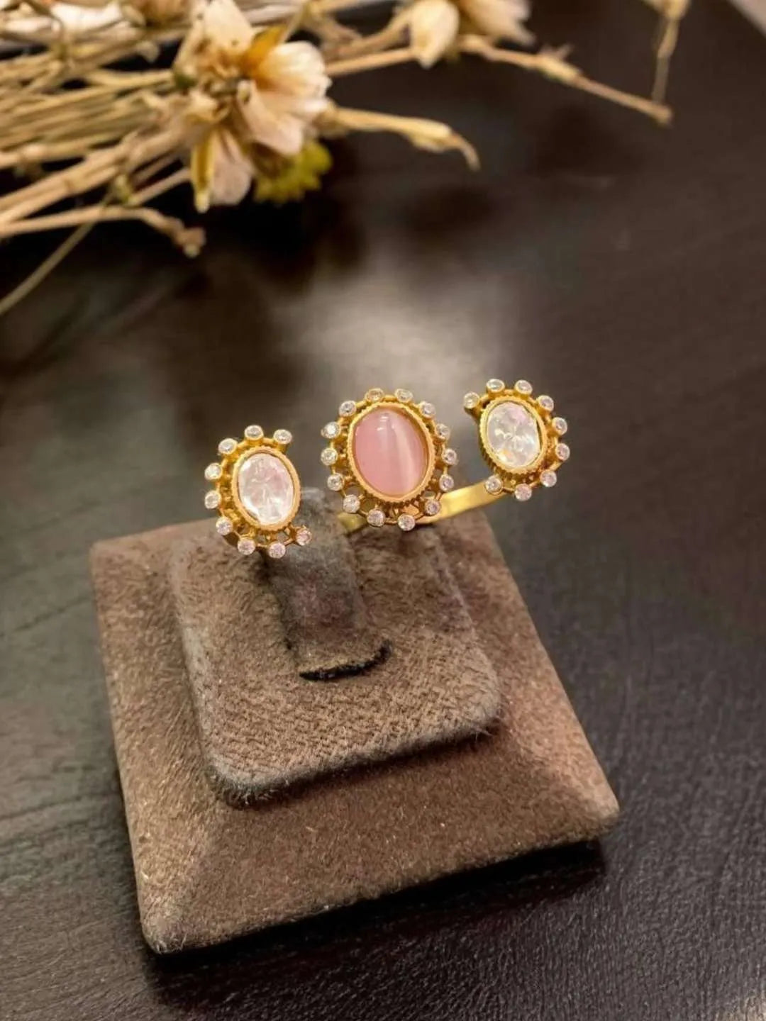 Ishhaara Pink Designer Oval Shape Kundan Studded Polki Ring