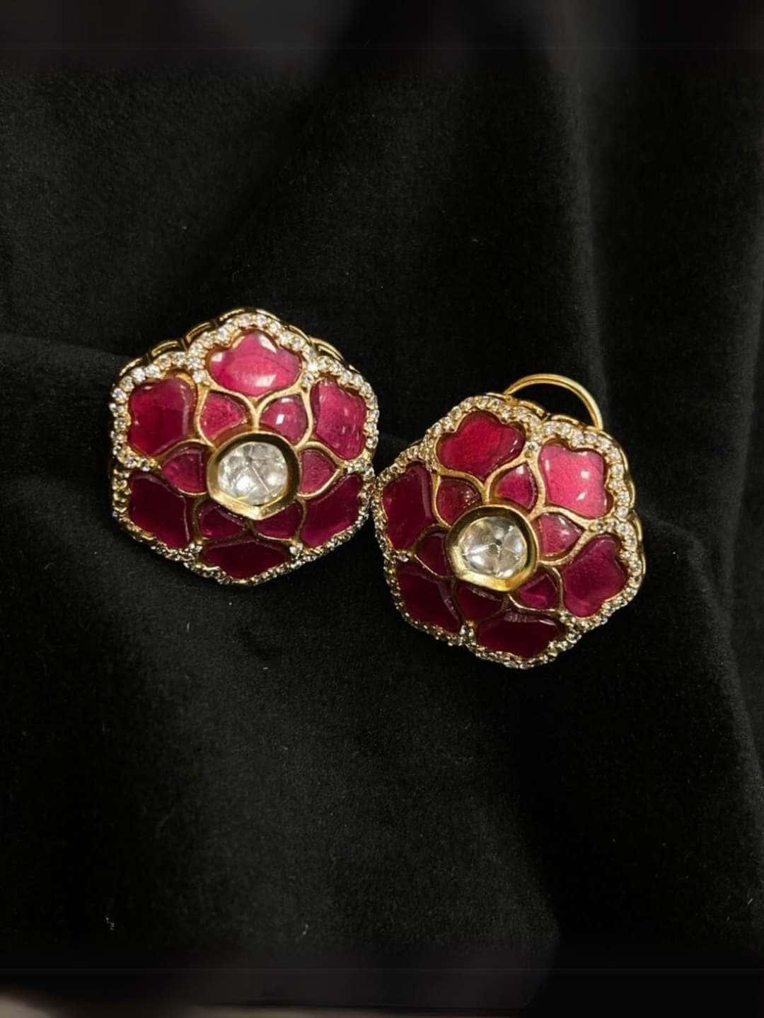 Ishhaara Pink Designer Polki Stud Earrings