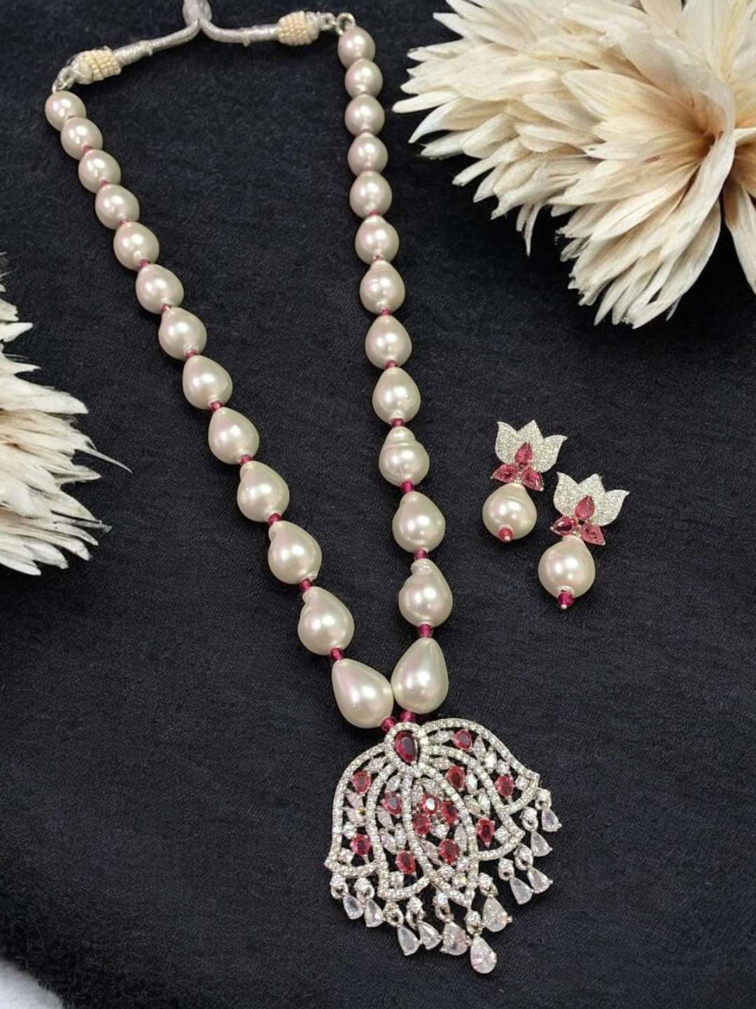 Ishhaara Pink Designer Zirconia Pearl Chain Pendant