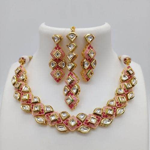Ishhaara Pink Diamond Cut Meena Necklace Set