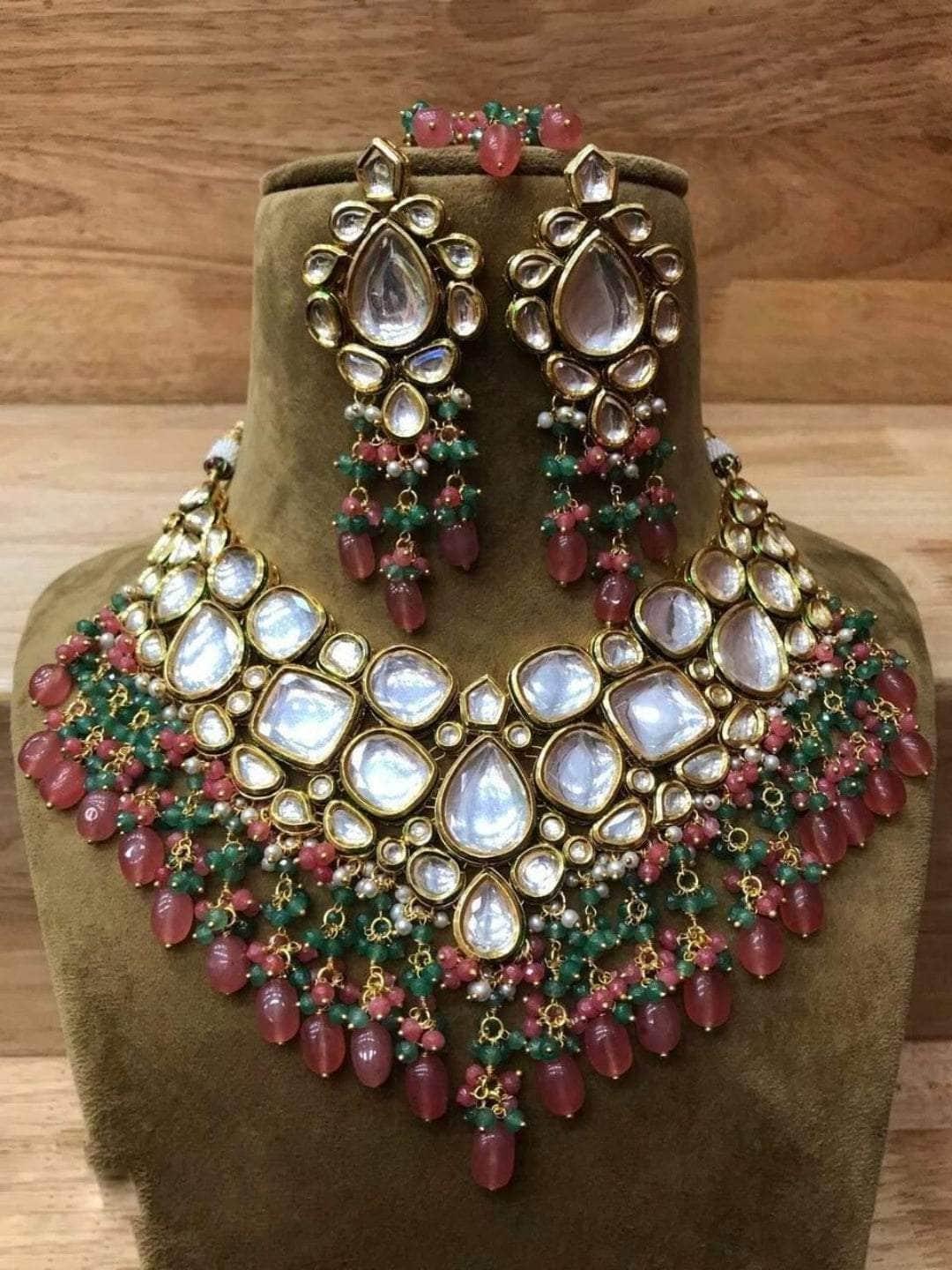 Ishhaara Pink Drop Shaped Big Kundan Necklace Set
