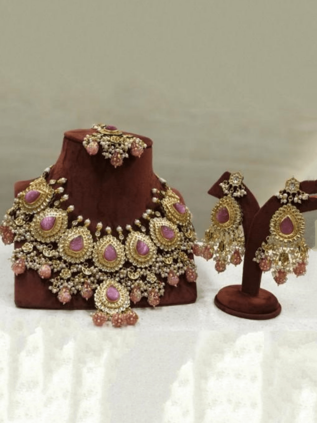 Ishhaara Pink Drop Stone Kundan Outline Bridal Necklace Set