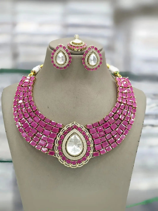 Ishhaara Pink Elegant Choker Necklace Set With Teardrop Stone Pendant