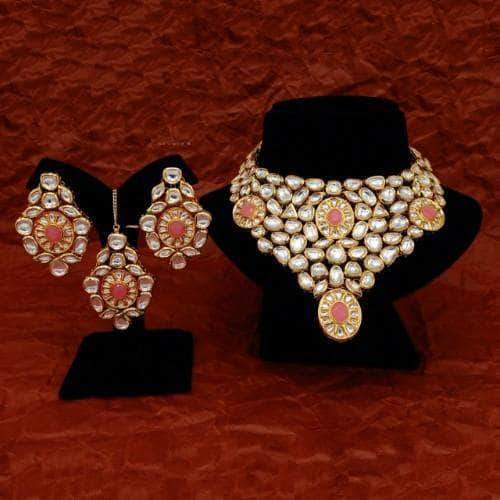 Ishhaara Pink Elongated Kundan Bridal Necklace Earring And Teeka Set