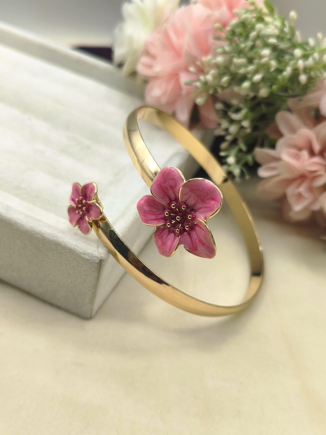 Ishhaara Pink Enamel Floral Arm Cuff