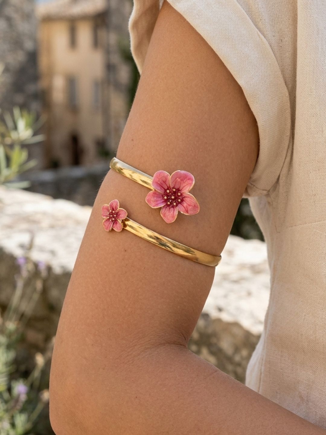 Ishhaara Pink Enamel Floral Arm Cuff