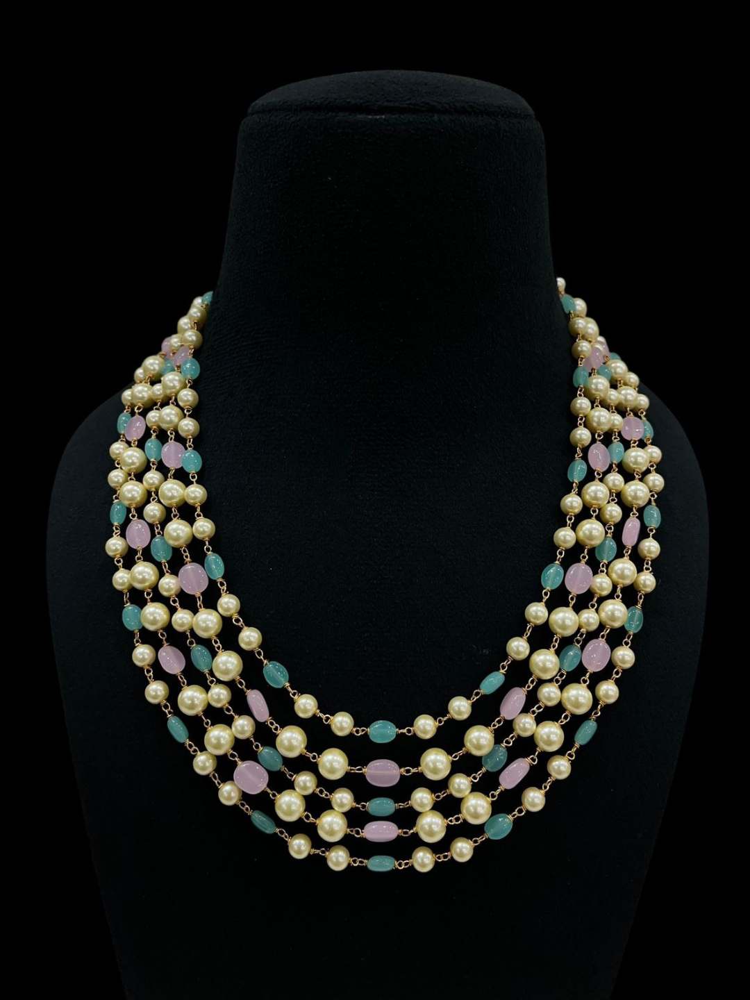 Ishhaara Pink Five Layered Pearl And Semiprecious Stone Studded Necklace