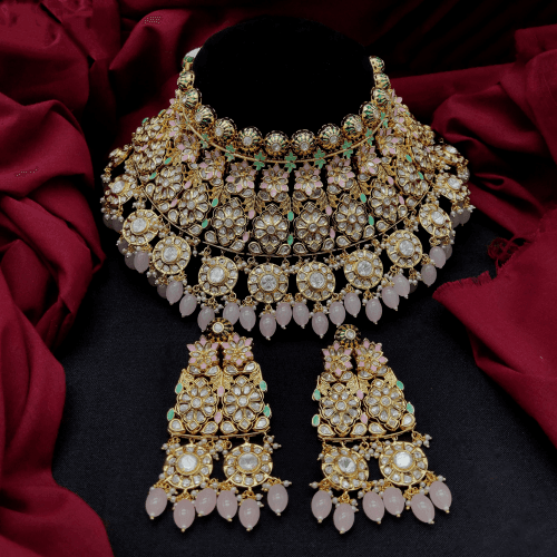 Ishhaara Floral Kundan Bridal Choker Necklace Set With Beads Drop