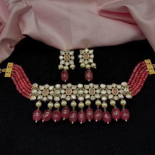 Ishhaara Floral Polki And Pearl Beaded Choker Set