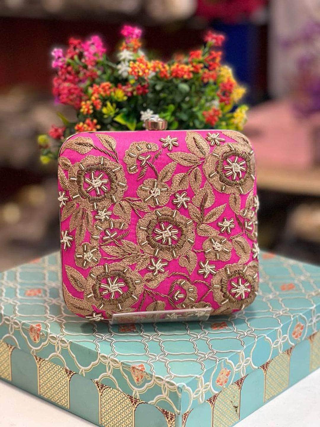 Ishhaara Pink French Knot Designer Box Clutches