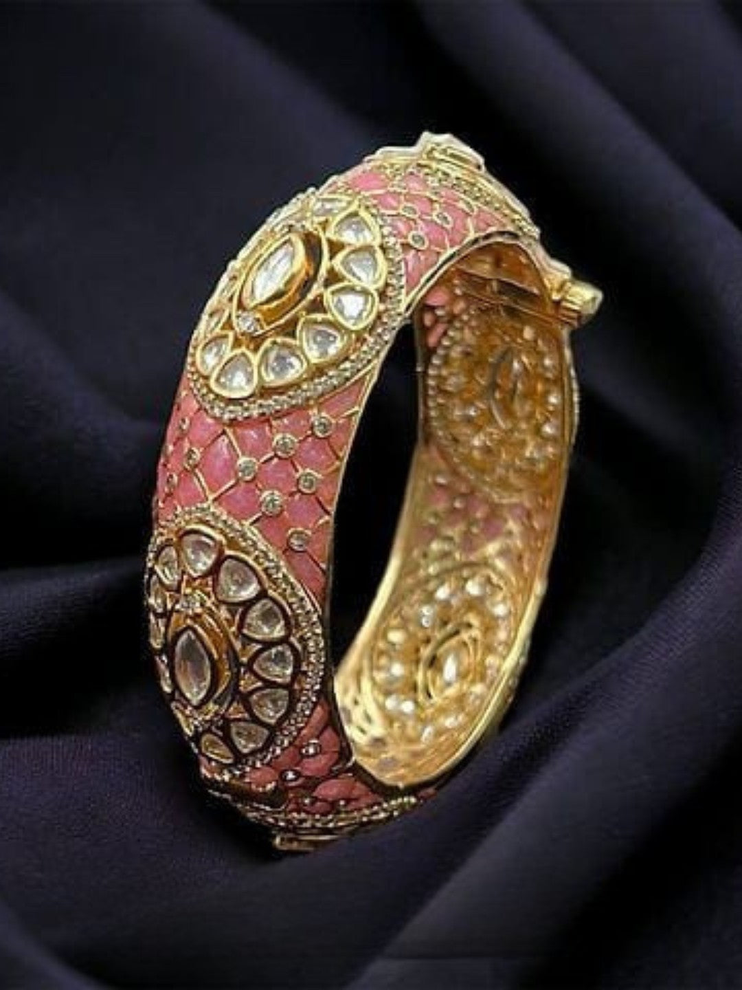 Ishhaara Pink Gold Finish Kundan Polki Meenakari Kada