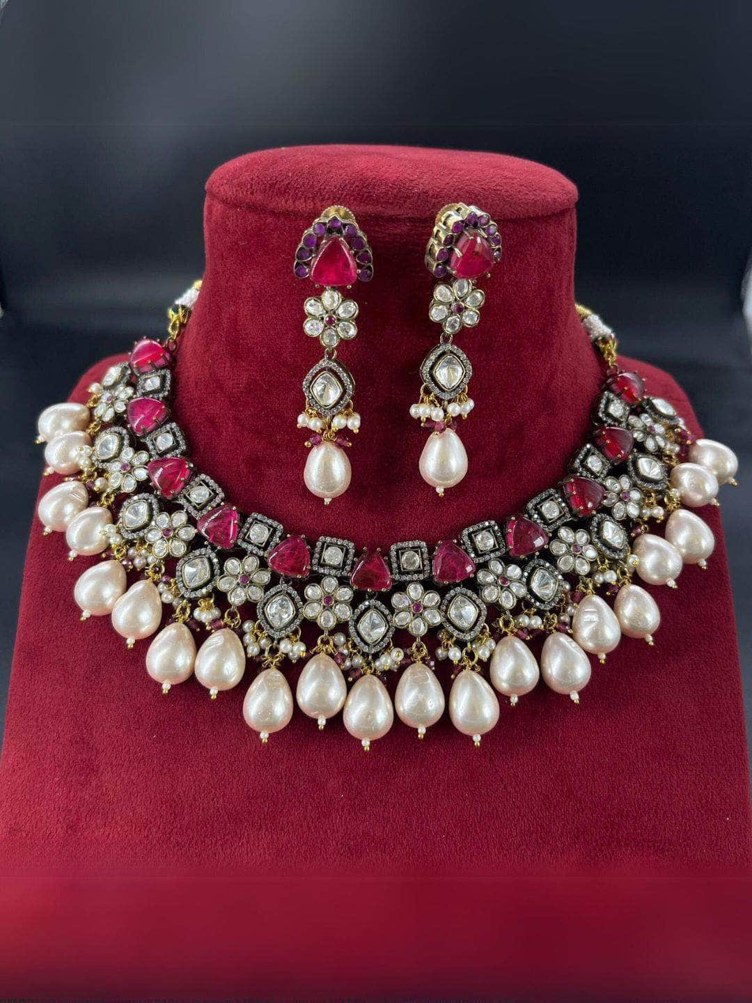 Ishhaara Pink Gold Finish Multi-Colored Kundan Necklace Set