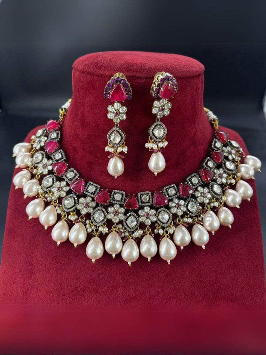 Ishhaara Gold Finish Multi Colored Kundan Necklace Set