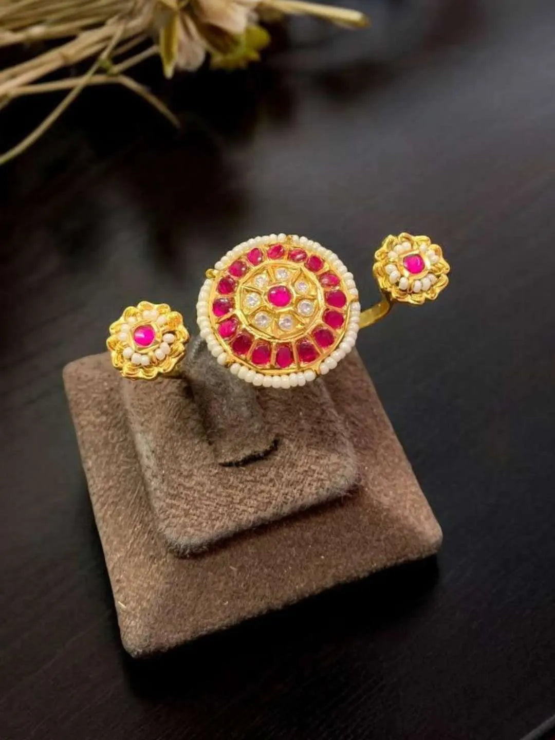 Ishhaara Pink Gold Finish Pearl And Kundan Ring