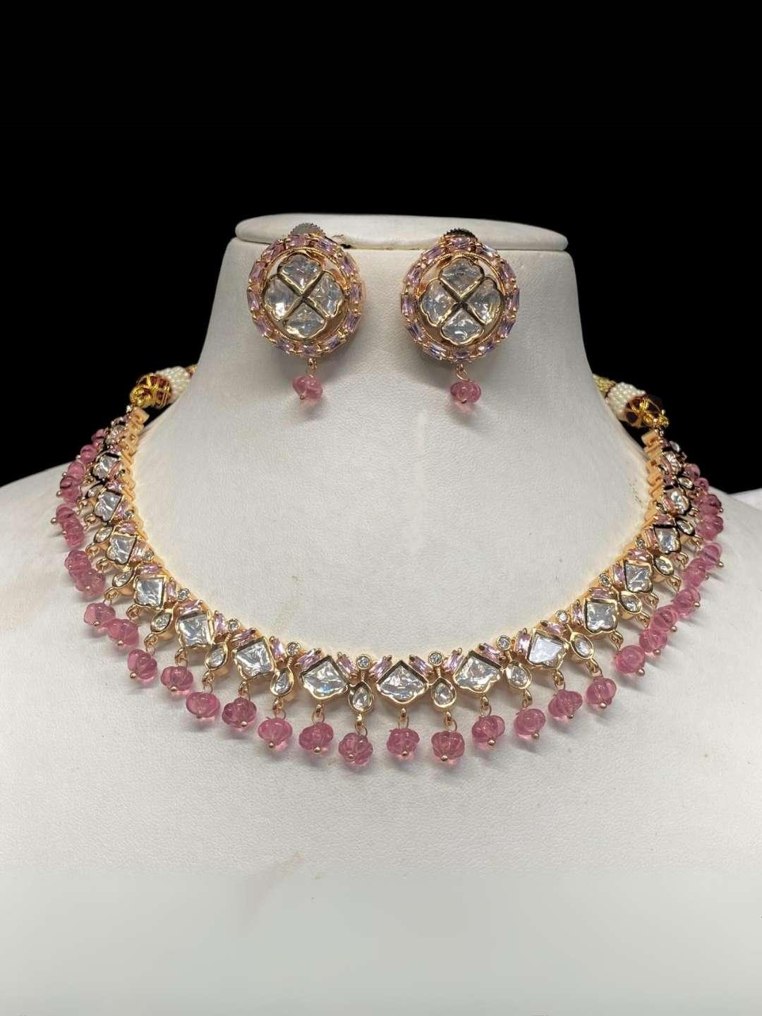 Ishhaara Pink Gold Plated Kundan Polki & Beaded Meenakari Choker Necklace Set